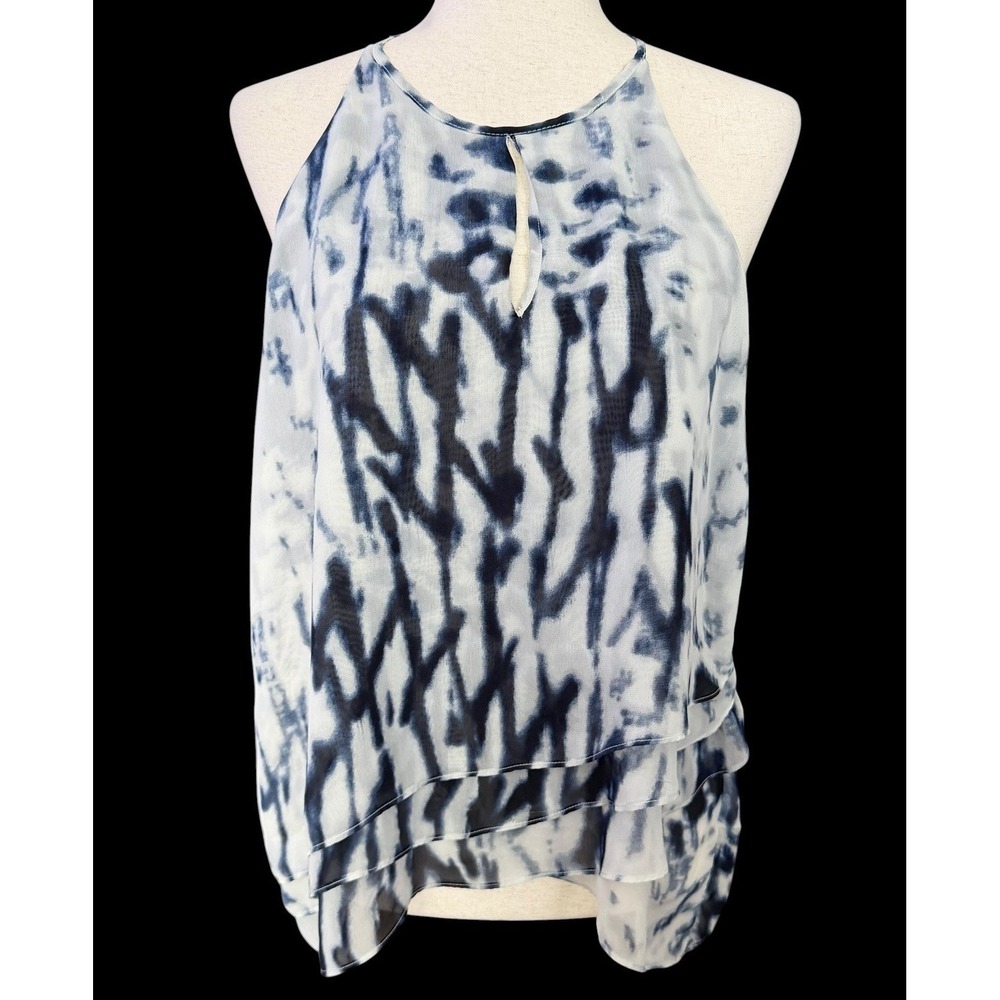 Paper Crane Tiered Ruffle Halter Top Sz L•Blue Tie Dye Flowy Keyhole Coastal Art